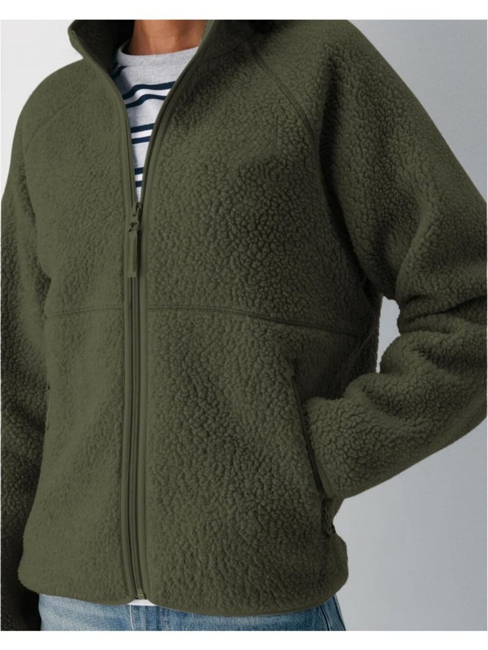 Women's Dark Green Fuzzy Fleece Jacket Full Zip Fall Winter Sherpa Warm Coats - Picture 5 of 6